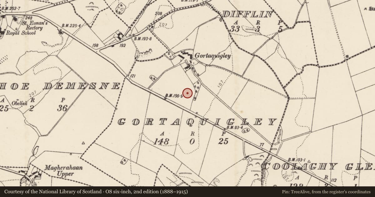 Ordnance Survey six-inch map, 2nd edition (1888–1915) covering the location of Standing stone, Gortaquigley, County Donegal, with a pin at the register's coordinates