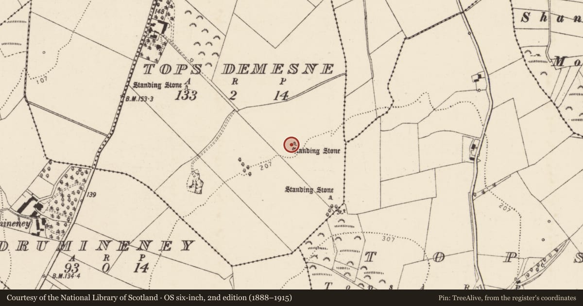 Ordnance Survey six-inch map, 2nd edition (1888–1915) covering the location of Standing stone, Tops Demesne, County Donegal, with a pin at the register's coordinates
