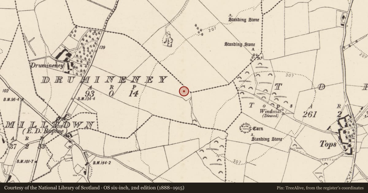 Ordnance Survey six-inch map, 2nd edition (1888–1915) covering the location of Standing stone, Drumineney, County Donegal, with a pin at the register's coordinates