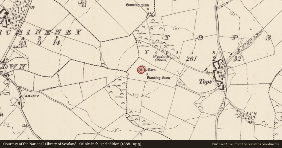 Ordnance Survey six-inch map, 2nd edition (1888–1915) covering the location of Stone circle, Tops, County Donegal, with a pin at the register's coordinates