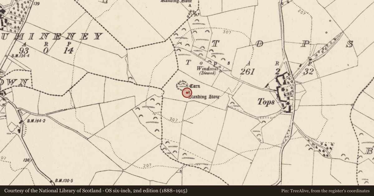 Ordnance Survey six-inch map, 2nd edition (1888–1915) covering the location of Standing stone, Tops, County Donegal, with a pin at the register's coordinates