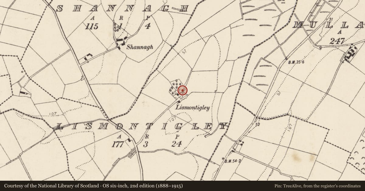 Ordnance Survey six-inch map, 2nd edition (1888–1915) covering the location of Enclosure, Lismontigley, County Donegal, with a pin at the register's coordinates