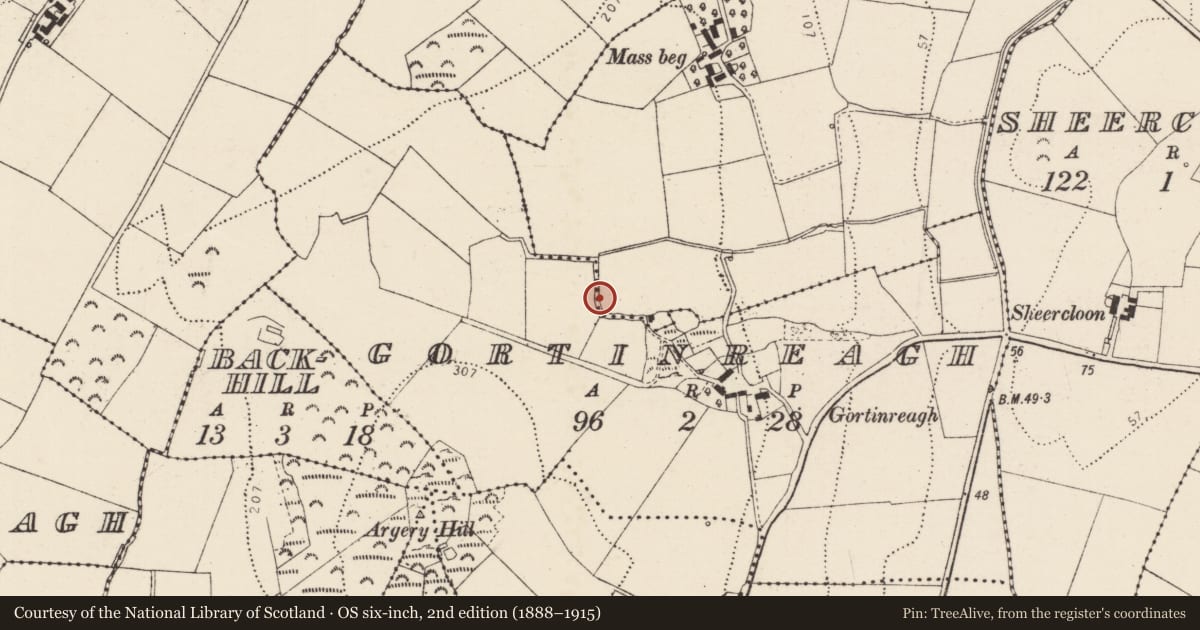 Ordnance Survey six-inch map, 2nd edition (1888–1915) covering the location of Standing stone, Gortinreagh, County Donegal, with a pin at the register's coordinates