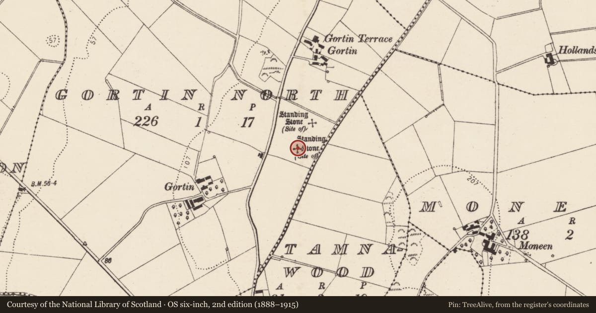 Ordnance Survey six-inch map, 2nd edition (1888–1915) covering the location of Standing stone, Gortin North, County Donegal, with a pin at the register's coordinates