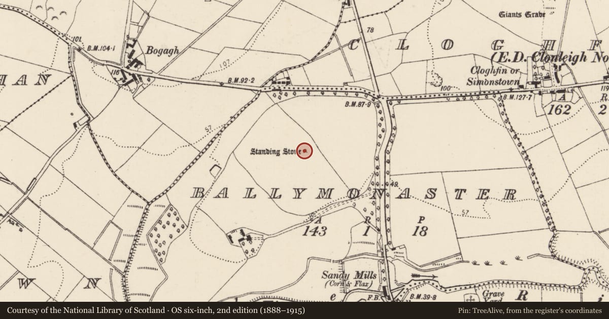 Ordnance Survey six-inch map, 2nd edition (1888–1915) covering the location of Standing stone, Ballymonaster, County Donegal, with a pin at the register's coordinates