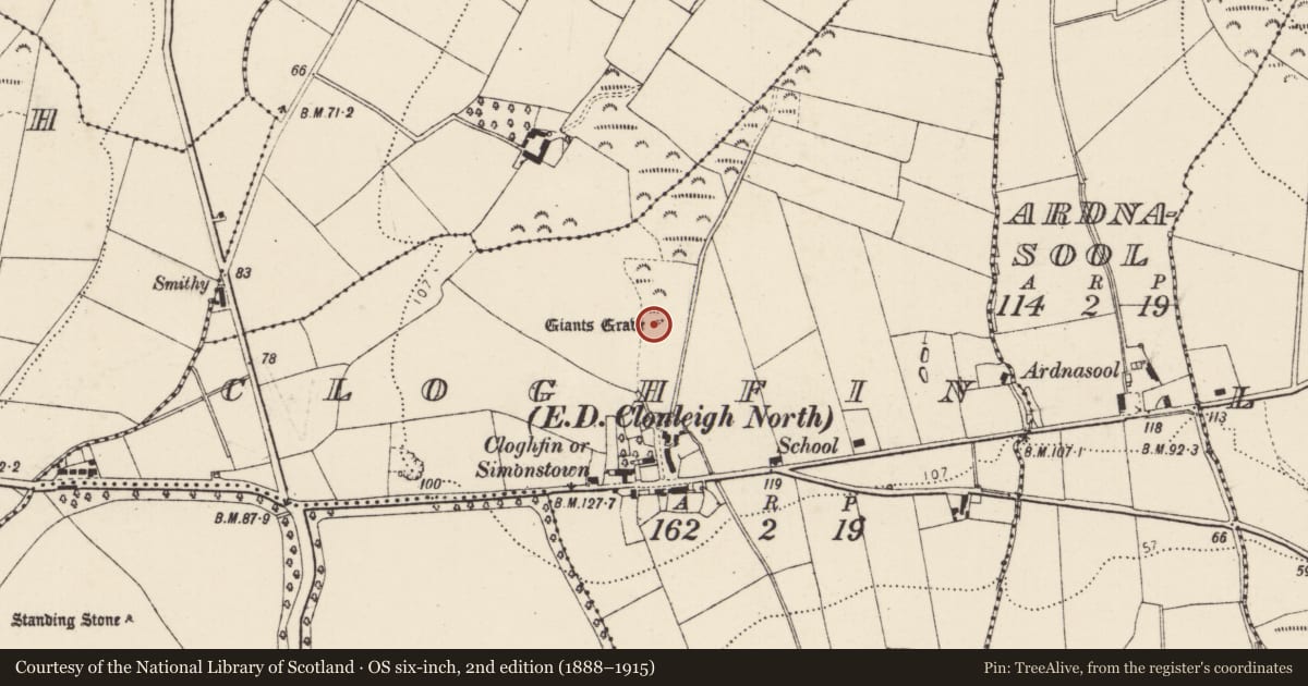 Ordnance Survey six-inch map, 2nd edition (1888–1915) covering the location of Megalithic tomb - unclassified, Cloghfin, County Donegal, with a pin at the register's coordinates