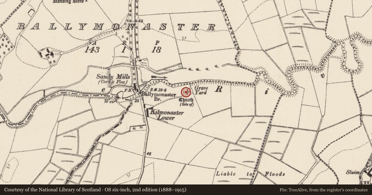 Ordnance Survey six-inch map, 2nd edition (1888–1915) covering the location of Graveyard, Kilmonaster Lower, County Donegal, with a pin at the register's coordinates