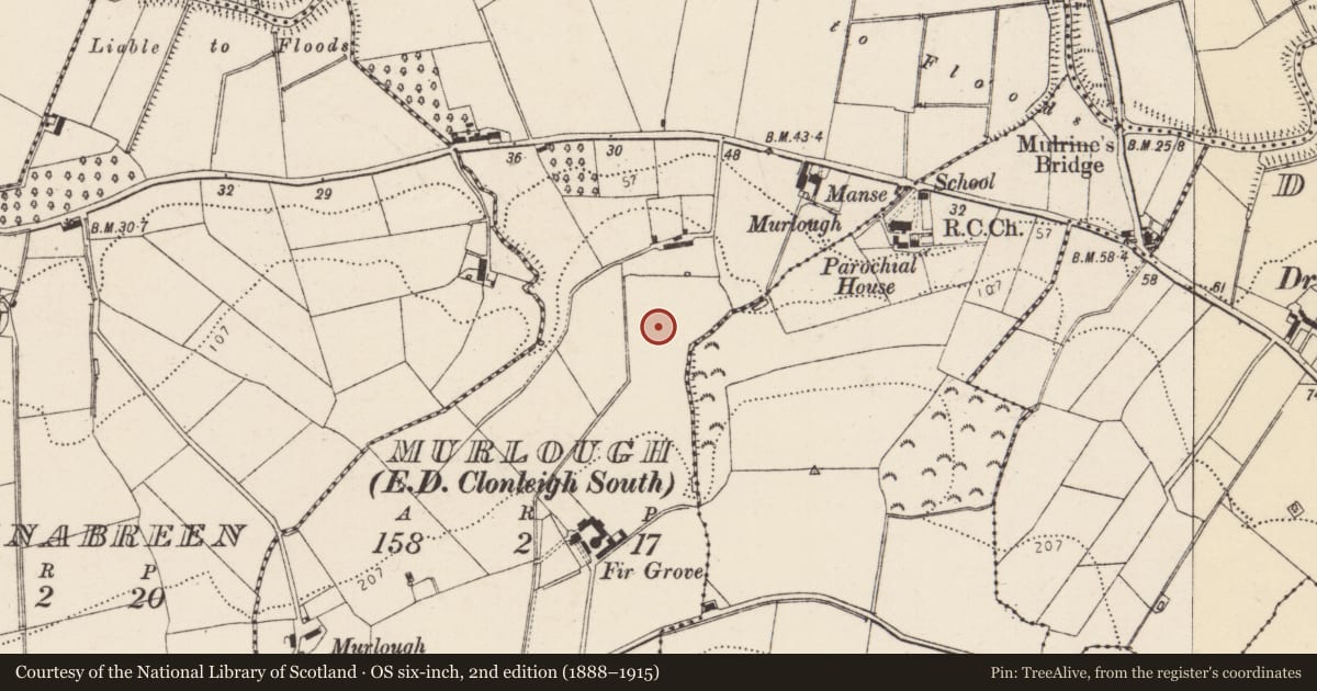 Ordnance Survey six-inch map, 2nd edition (1888–1915) covering the location of Standing stone, Murlough, County Donegal, with a pin at the register's coordinates