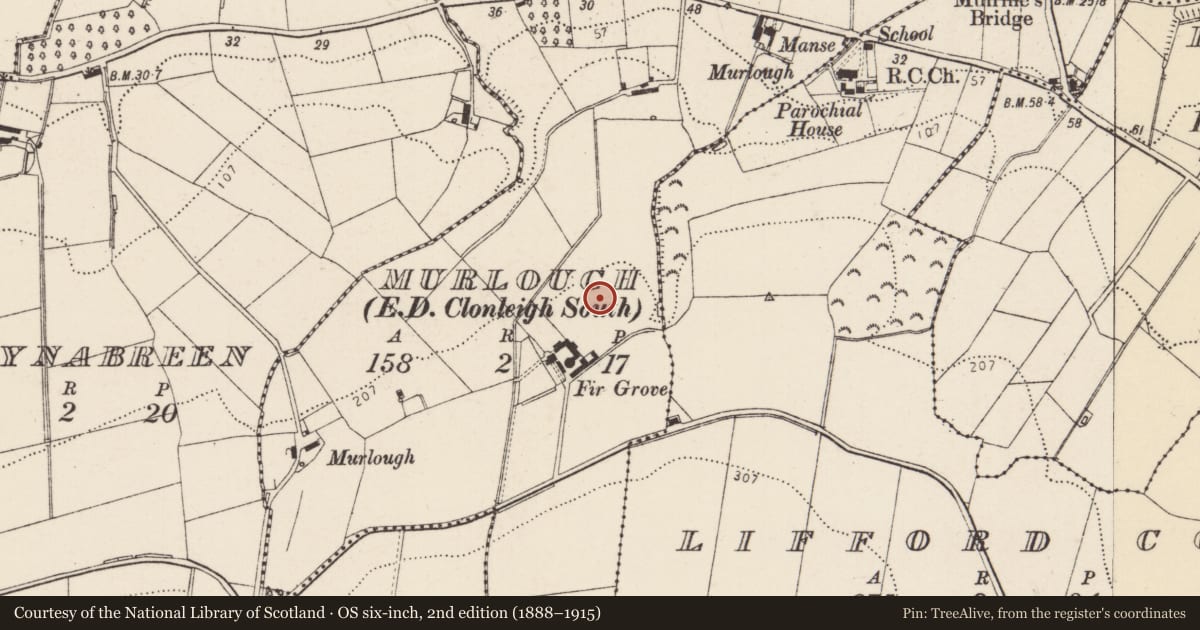 Ordnance Survey six-inch map, 2nd edition (1888–1915) covering the location of Standing stone, Murlough, County Donegal, with a pin at the register's coordinates
