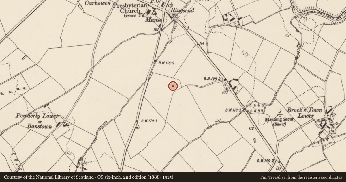 Ordnance Survey six-inch map, 2nd edition (1888–1915) covering the location of Standing stone, Carnowen, County Donegal, with a pin at the register's coordinates