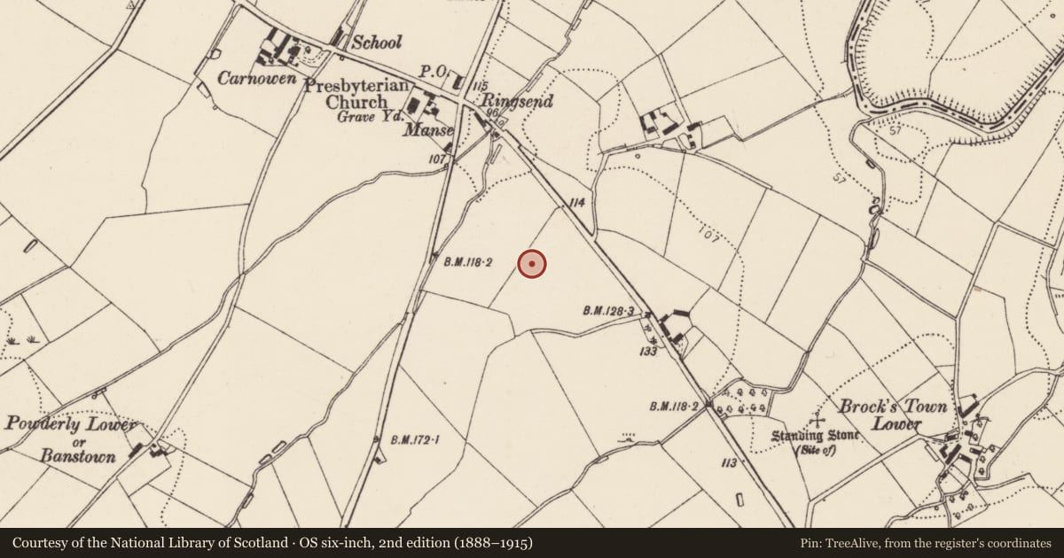 Ordnance Survey six-inch map, 2nd edition (1888–1915) covering the location of Standing stone, Carnowen, County Donegal, with a pin at the register's coordinates