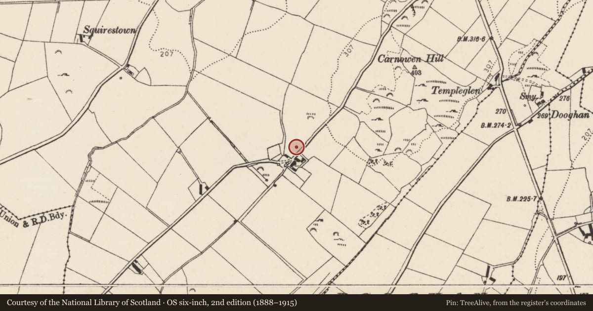Ordnance Survey six-inch map, 2nd edition (1888–1915) covering the location of Standing stone, Carnowen, County Donegal, with a pin at the register's coordinates