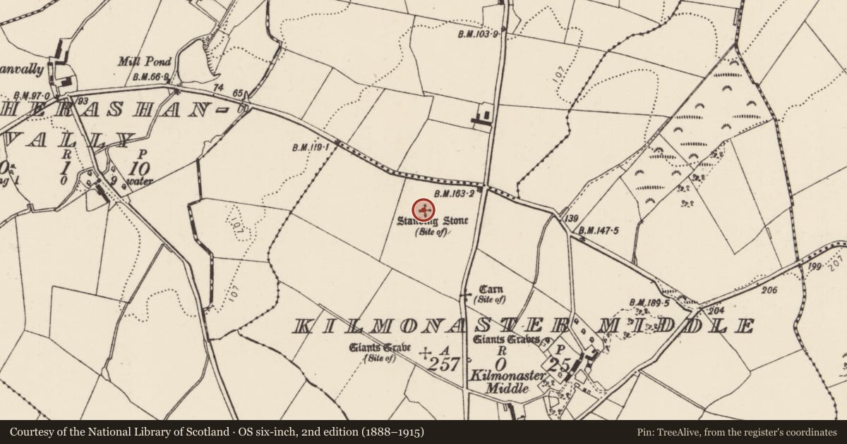 Ordnance Survey six-inch map, 2nd edition (1888–1915) covering the location of Standing stone, Kilmonaster Middle, County Donegal, with a pin at the register's coordinates