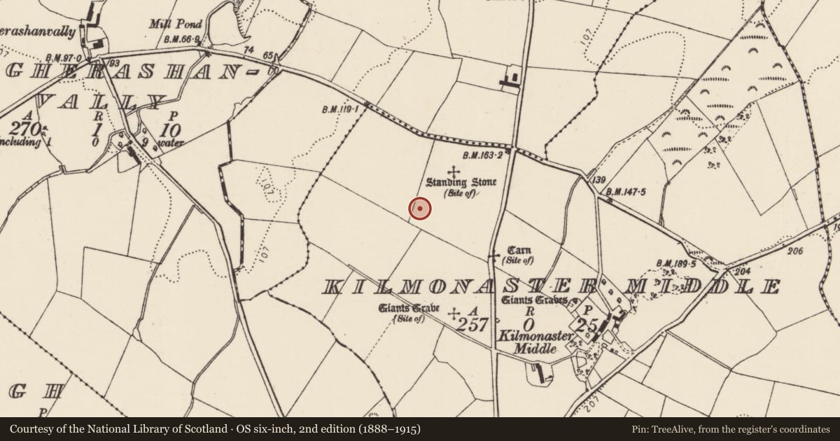 Ordnance Survey six-inch map, 2nd edition (1888–1915) covering the location of Anomalous stone group, Kilmonaster Middle, County Donegal, with a pin at the register's coordinates