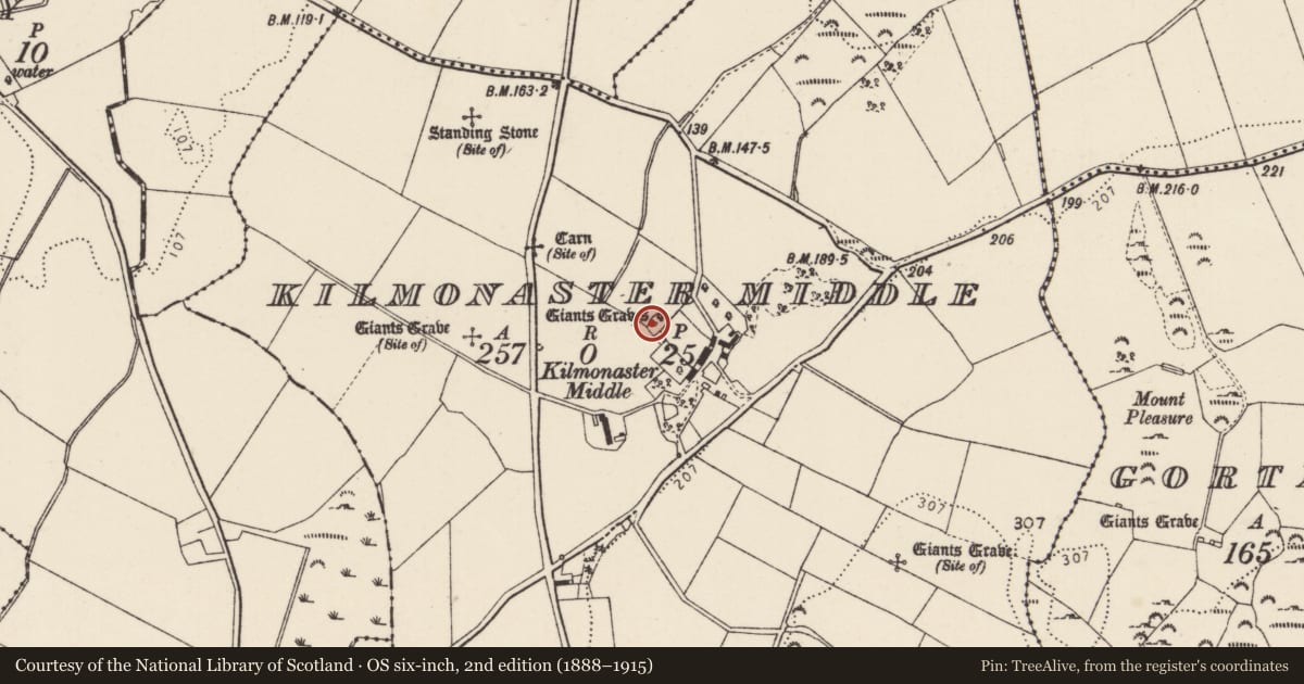 Ordnance Survey six-inch map, 2nd edition (1888–1915) covering the location of Megalithic tomb - passage tomb, Kilmonaster Middle, County Donegal, with a pin at the register's coordinates