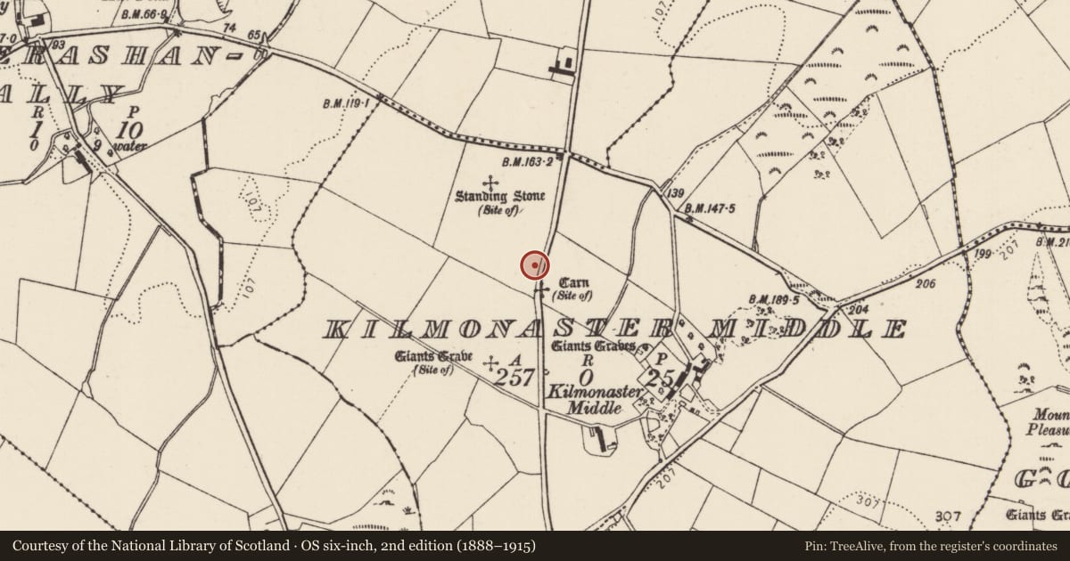 Ordnance Survey six-inch map, 2nd edition (1888–1915) covering the location of Rock art, Kilmonaster Middle, County Donegal, with a pin at the register's coordinates