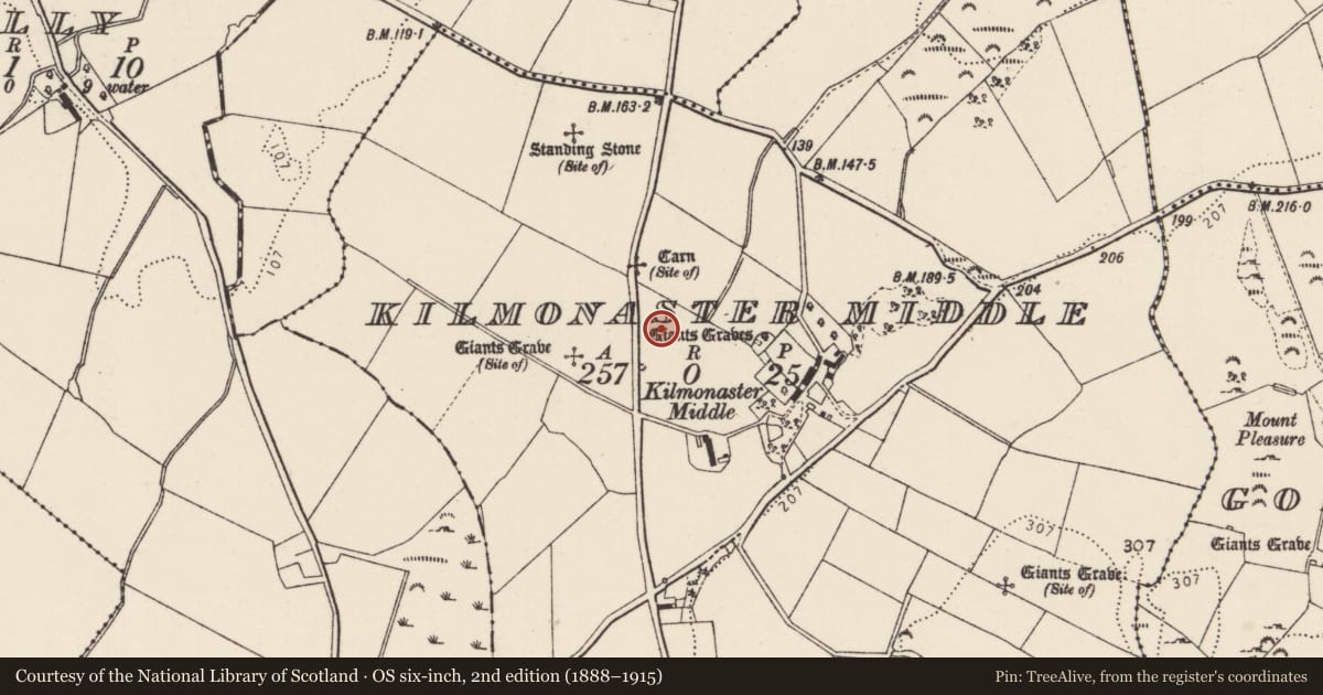 Ordnance Survey six-inch map, 2nd edition (1888–1915) covering the location of Megalithic tomb - passage tomb, Kilmonaster Middle, County Donegal, with a pin at the register's coordinates
