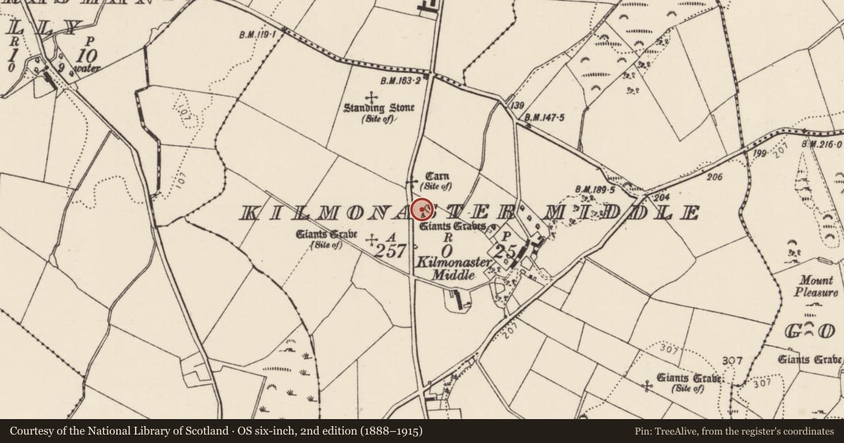 Ordnance Survey six-inch map, 2nd edition (1888–1915) covering the location of Megalithic tomb - passage tomb, Kilmonaster Middle, County Donegal, with a pin at the register's coordinates