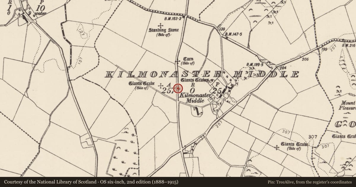 Ordnance Survey six-inch map, 2nd edition (1888–1915) covering the location of Megalithic tomb - passage tomb, Kilmonaster Middle, County Donegal, with a pin at the register's coordinates