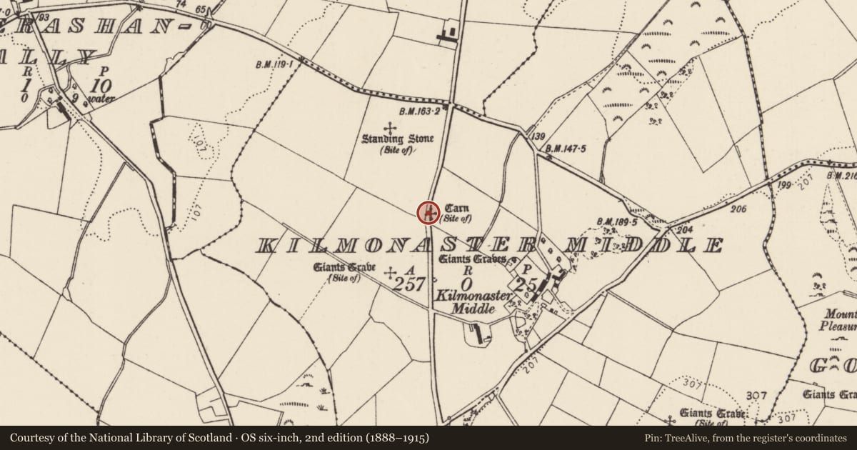 Ordnance Survey six-inch map, 2nd edition (1888–1915) covering the location of Megalithic tomb - passage tomb, Kilmonaster Middle, County Donegal, with a pin at the register's coordinates