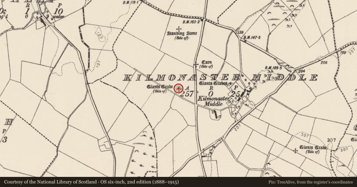 Ordnance Survey six-inch map, 2nd edition (1888–1915) covering the location of Megalithic tomb - passage tomb, Kilmonaster Middle, County Donegal, with a pin at the register's coordinates