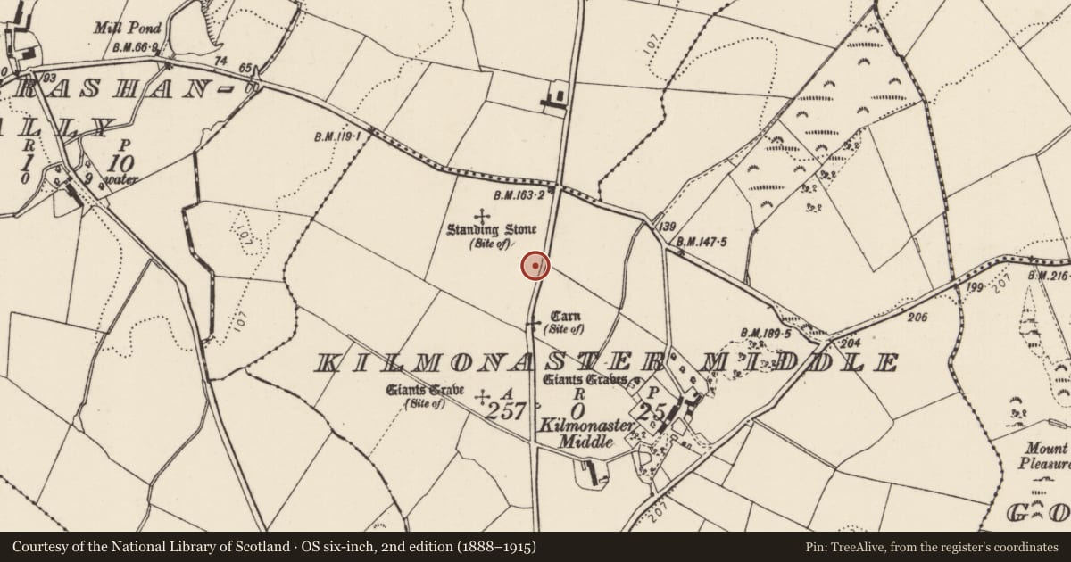 Ordnance Survey six-inch map, 2nd edition (1888–1915) covering the location of Megalithic tomb - passage tomb, Kilmonaster Middle, County Donegal, with a pin at the register's coordinates
