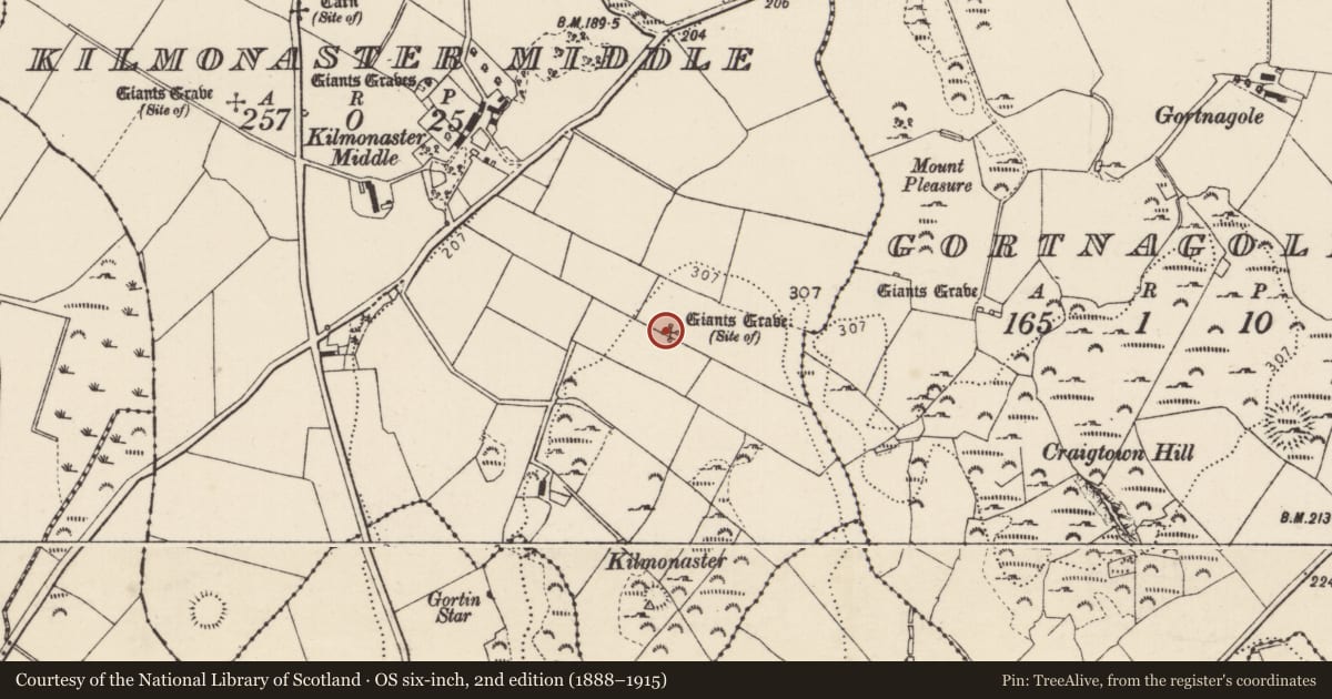 Ordnance Survey six-inch map, 2nd edition (1888–1915) covering the location of Megalithic tomb - unclassified, Kilmonaster Middle, County Donegal, with a pin at the register's coordinates
