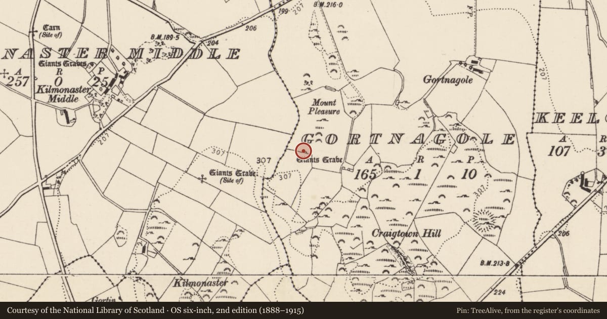 Ordnance Survey six-inch map, 2nd edition (1888–1915) covering the location of Megalithic tomb - passage tomb, Gortnagole, County Donegal, with a pin at the register's coordinates