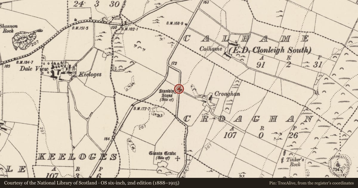 Ordnance Survey six-inch map, 2nd edition (1888–1915) covering the location of Standing stone, Croaghan, County Donegal, with a pin at the register's coordinates