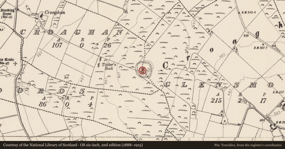 Ordnance Survey six-inch map, 2nd edition (1888–1915) covering the location of Megalithic tomb - passage tomb, Glensmoil, Croaghan, County Donegal, with a pin at the register's coordinates