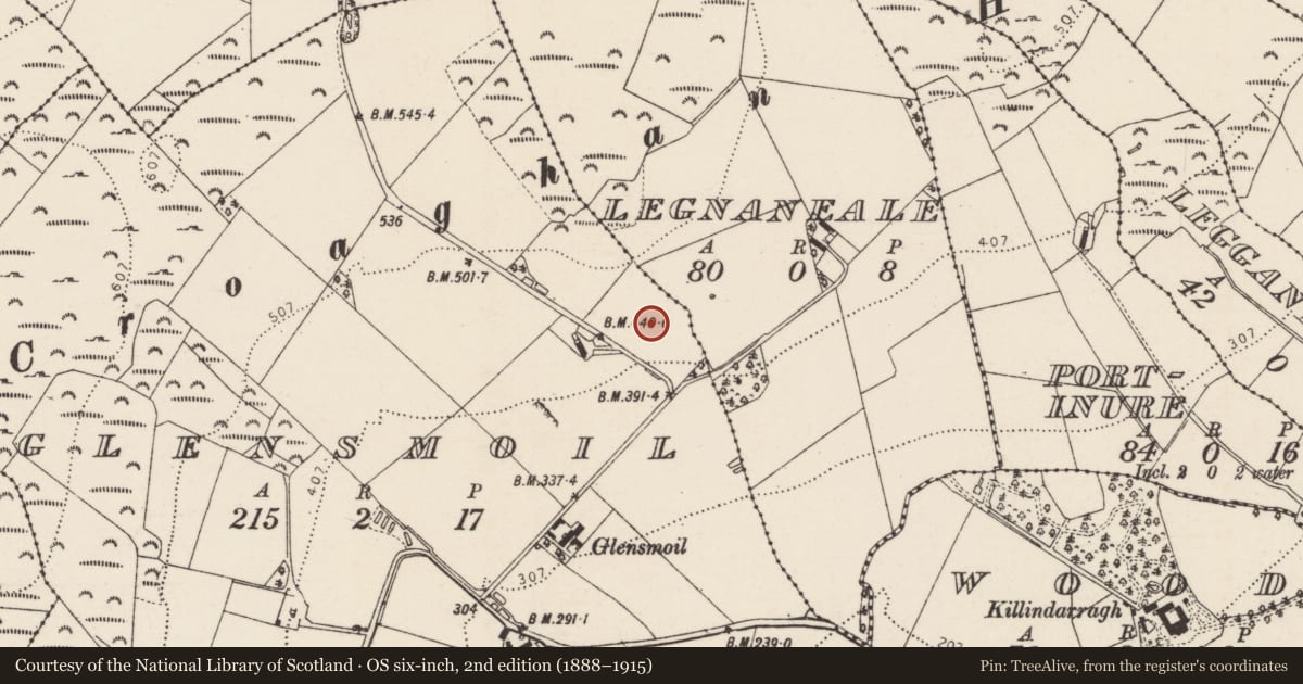 Ordnance Survey six-inch map, 2nd edition (1888–1915) covering the location of Enclosure, Glensmoil, County Donegal, with a pin at the register's coordinates