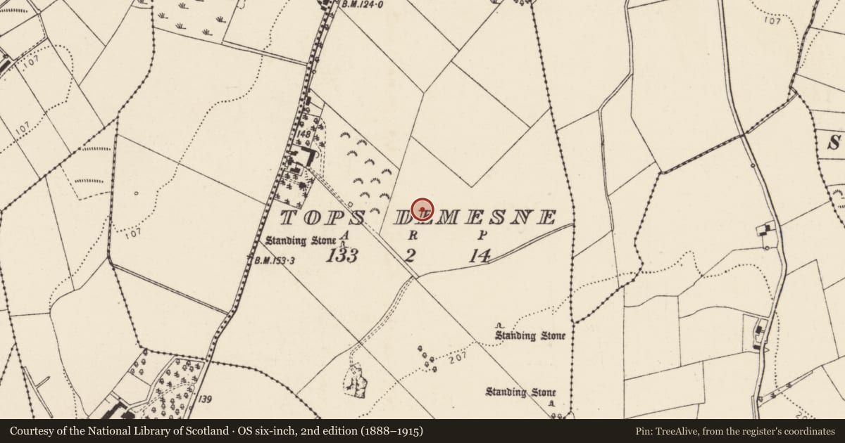 Ordnance Survey six-inch map, 2nd edition (1888–1915) covering the location of Enclosure, Tops Demesne, County Donegal, with a pin at the register's coordinates