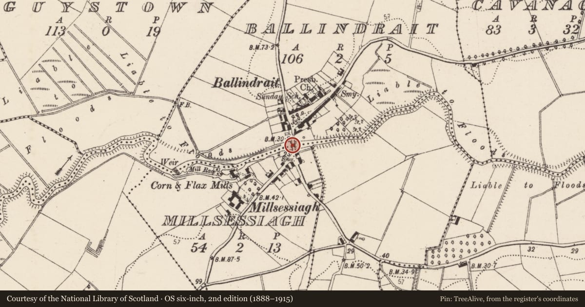Ordnance Survey six-inch map, 2nd edition (1888–1915) covering the location of Bridge, Ballindrait, Millseesiagh, County Donegal, with a pin at the register's coordinates