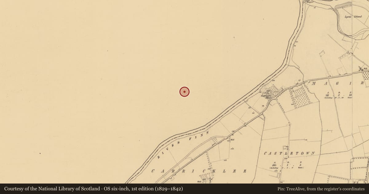 Ordnance Survey six-inch map, 1st edition (1829–1842) covering the location of Souterrain, Curraghalane, County Donegal, with a pin at the register's coordinates