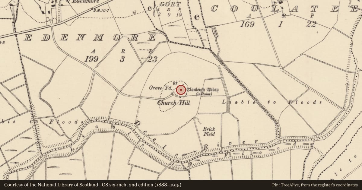 Ordnance Survey six-inch map, 2nd edition (1888–1915) covering the location of Cross-slab, Edenmore, County Donegal, with a pin at the register's coordinates
