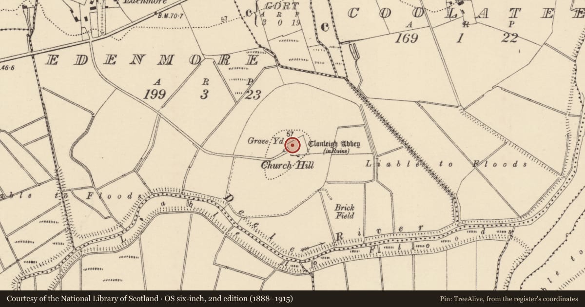 Ordnance Survey six-inch map, 2nd edition (1888–1915) covering the location of Graveyard, Edenmore, County Donegal, with a pin at the register's coordinates