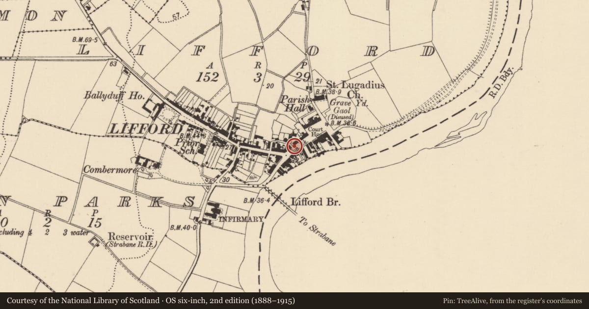 Ordnance Survey six-inch map, 2nd edition (1888–1915) covering the location of House - 16th/17th century, Lifford, County Donegal, with a pin at the register's coordinates