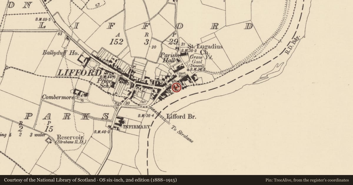 Ordnance Survey six-inch map, 2nd edition (1888–1915) covering the location of Town defences, Lifford, County Donegal, with a pin at the register's coordinates