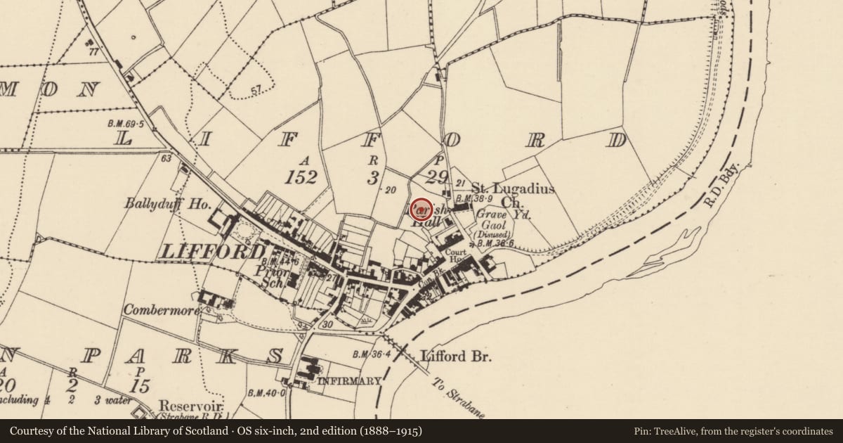 Ordnance Survey six-inch map, 2nd edition (1888–1915) covering the location of Fortification, Lifford, County Donegal, with a pin at the register's coordinates