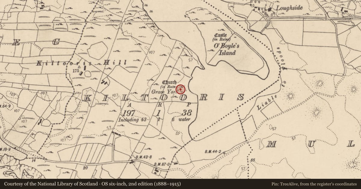 Ordnance Survey six-inch map, 2nd edition (1888–1915) covering the location of Church, Kiltooris, County Donegal, with a pin at the register's coordinates