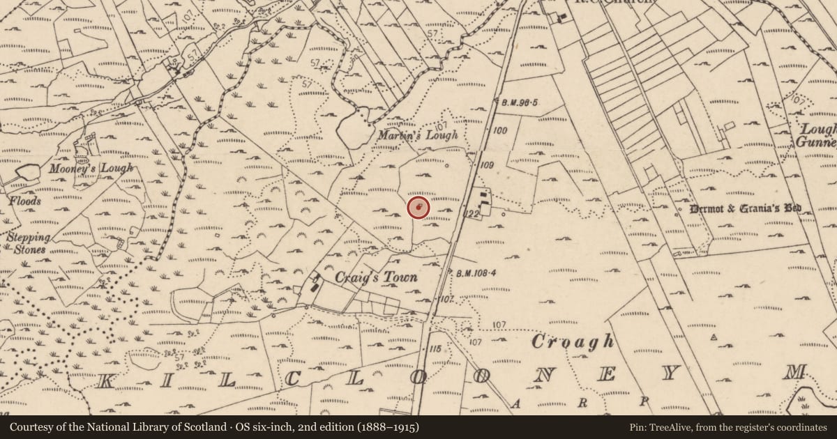 Ordnance Survey six-inch map, 2nd edition (1888–1915) covering the location of Megalithic tomb - court tomb, Kilclooney More, County Donegal, with a pin at the register's coordinates