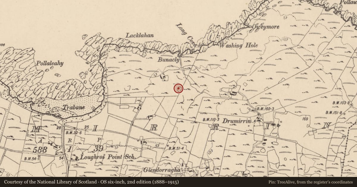Ordnance Survey six-inch map, 2nd edition (1888–1915) covering the location of Ringfort - cashel, Drumirrin, County Donegal, with a pin at the register's coordinates