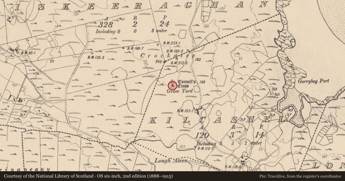 Ordnance Survey six-inch map, 2nd edition (1888–1915) covering the location of Cross, Kilcashel, County Donegal, with a pin at the register's coordinates