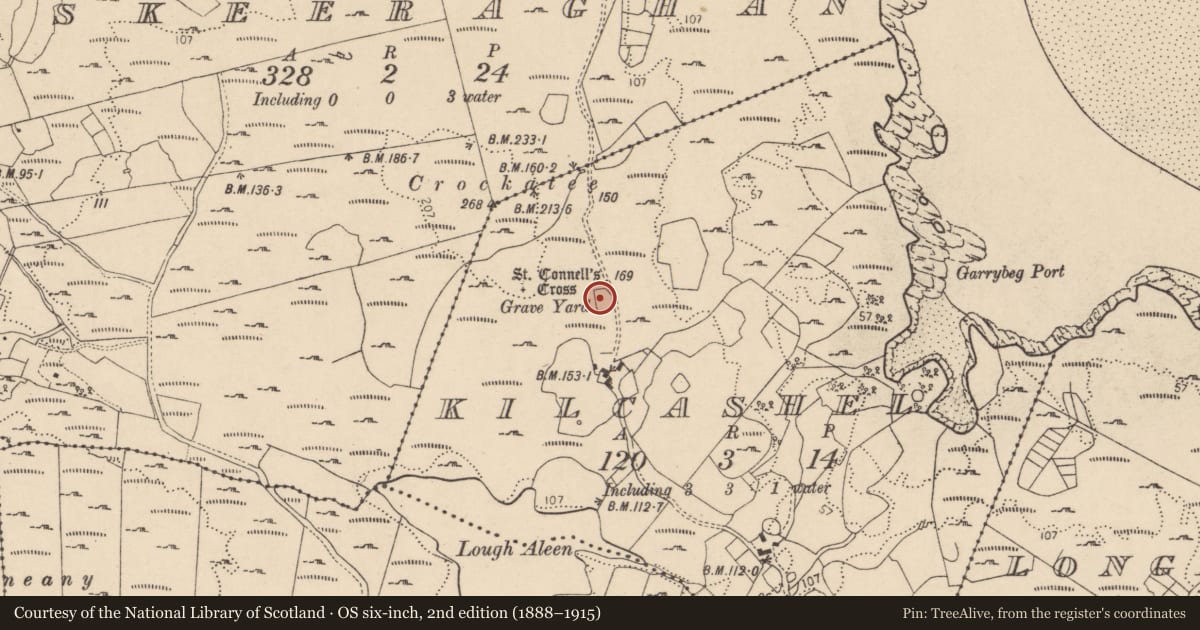 Ordnance Survey six-inch map, 2nd edition (1888–1915) covering the location of Church, Kilcashel, County Donegal, with a pin at the register's coordinates