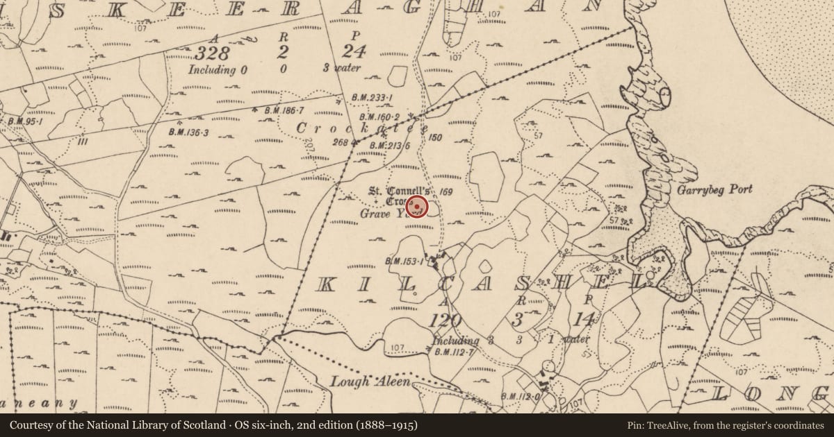 Ordnance Survey six-inch map, 2nd edition (1888–1915) covering the location of Ecclesiastical enclosure, Kilcashel, County Donegal, with a pin at the register's coordinates
