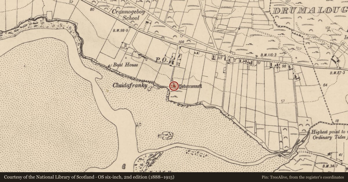 Ordnance Survey six-inch map, 2nd edition (1888–1915) covering the location of Ritual site - holy well, Crannogeboy, County Donegal, with a pin at the register's coordinates