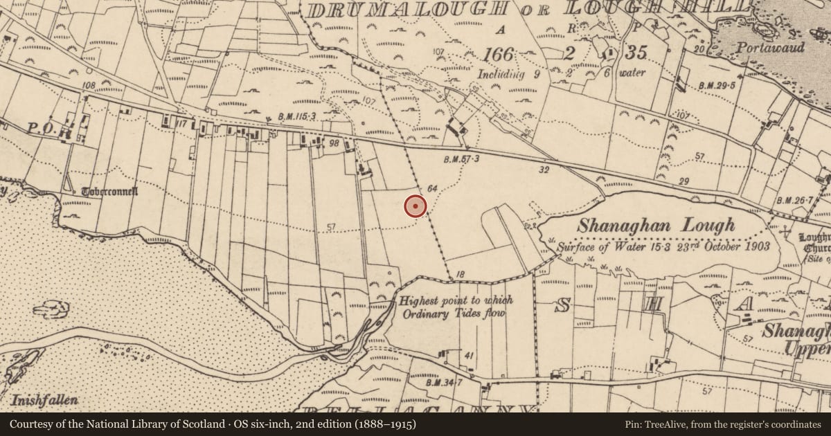 Ordnance Survey six-inch map, 2nd edition (1888–1915) covering the location of Ringfort - unclassified, Crannogeboy, County Donegal, with a pin at the register's coordinates