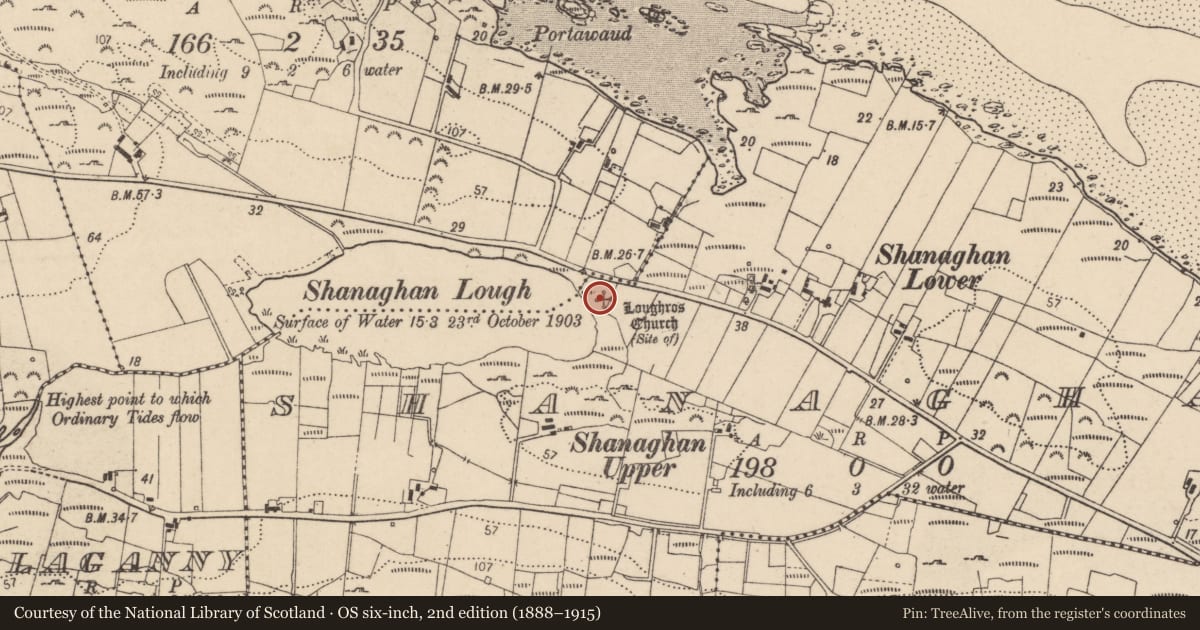 Ordnance Survey six-inch map, 2nd edition (1888–1915) covering the location of Church, Shanaghan, County Donegal, with a pin at the register's coordinates