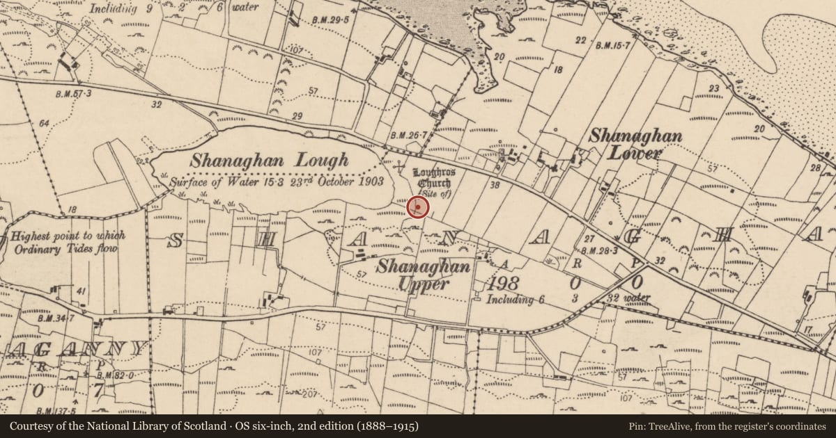 Ordnance Survey six-inch map, 2nd edition (1888–1915) covering the location of Graveyard, Shanaghan, County Donegal, with a pin at the register's coordinates