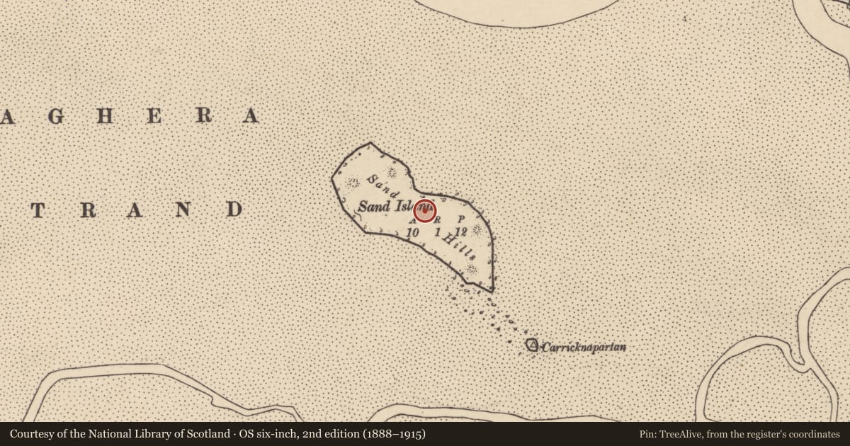 Ordnance Survey six-inch map, 2nd edition (1888–1915) covering the location of Megalithic tomb - portal tomb, Sand Island, County Donegal, with a pin at the register's coordinates